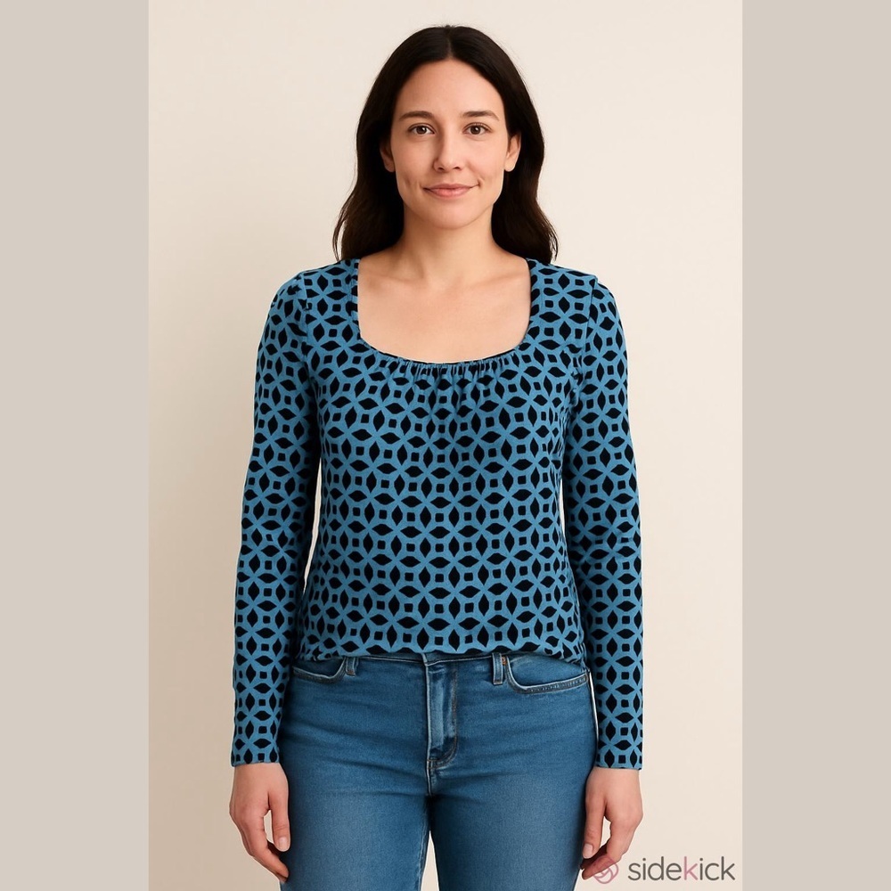 Liz Claiborne Blue Black Patterned Long Sleeve Top Size XS Fully Lined NWOT - Picture 3 of 10